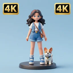 80mm resin detailed miniature of a Girl and a Dog, Blue denim outfit, wavy hair, Product Introduction Photos, 4K, Full body,