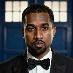 kanye west front of tardis as the doctor! with bowtie! in doctor who, doctor who, movie still, detailed face, cinematic lighting, ray tracing, octane render, long lens, shallow depth of field, bokeh, anamorphic lens flare, 8 k, hyper detailed, 3 5 mm film grain