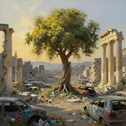 tree growing in ancient greek ruins, gray wasteland, many scrap cars, plastic waste, rubble, pillars, flowers, vines, hyperrealistic, highly detailed, cinematic, single ray of golden sunlight, beautiful, cgssociety, artstation, 8 k, oil painting by greg rutkowski, by artgerm, by wlop