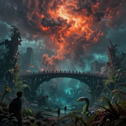 underwater end of the world, clouds, fire, demons, plants, bridge, buildings, people, serpent, strange creatures walking around, by vladimir kush and giger