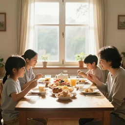 a family having breakfast at morning, sunny light coming from a window