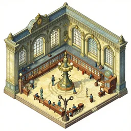 detailed details isometric building interior, train station, fantasy, fullcolor, in the style of moebius
