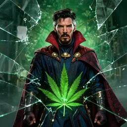 doctor strange in black, marijuana, marijuana leaves, green light,, multiple dimensions, shattered glass, refractions, highly detailed, cinematic by francis tneh, marvel cinematic universe, mcu, photo