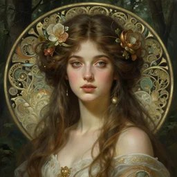 portrait of forest goddess, intricate, elegant, highly detailed, digital painting, artstation, concept art, smooth, sharp focus, illustration, art by artgerm and greg rutkowski and alphonse mucha and william - adolphe bouguereau