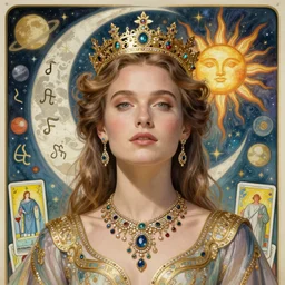 alicia vikander portrait by louis - theophile hingre and alphonse mucha, realistic, sharp focus, zodiac signs, tarot cards, planets, ethereal, art nouveau, magic, moon, sun, crown, dreamy, royal, jewellery
