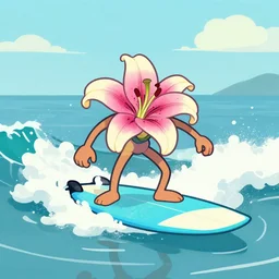 a lily character on a surfboard