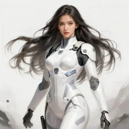 , beautiful long hair special force female wearing futuristic streamlined white tactical gear, armor, armed, return from the battlefield, intricate, elegant, highly detailed, digital painting, artstation, glamor pose,, smooth, sharp focus, illustration, concept art by wlop and greg rutkowski