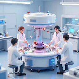 teleportation machine in a laboratory, with scientists working on it and studying it, the machine is a large metal contraption with a bright light in the center