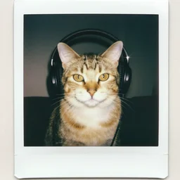 a polaroid photo of a cat wearing headphones