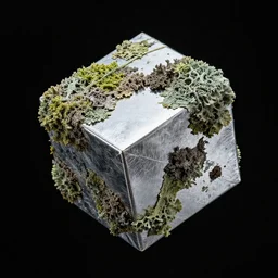 3 d floating cube made of reflective material with lichen growing on it, angled, high contrast, black background