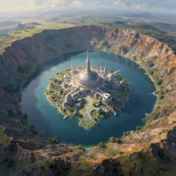 a highly detailed landscape painting of large island in the center of a meteor crater lake with a domed futuristic fantasy city, river running through a crater, aerial photography, ultrawide lens, art by john collier and jeon seong and albert bierstadt, volumetric lighting, octane render, 4 k resolution, trending on artstation, masterpiece