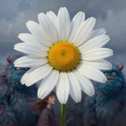 closeup, giant daisy flower as head, a girl between monsteras, surreal photography, wind and cold, dramatic sky, impressionist painting, digital painting, artstation, simon stalenhag