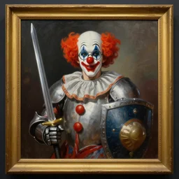 greg manchess oil matte portrait painting, bozo the clown knight with glasses, sword and shield, rectangular frame, wonderful masterpiece highly detailed, scifi, beautiful cinematic light deep focus, elegant, digital painting, smooth, sharp focus, golden ratio, dramatic illumination, ultra realistic, 4 k, art by greg rutkowski wlop rossdraws