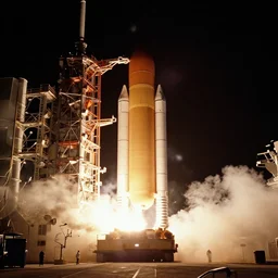film still of nighttime launch of the space launch system LC-39B at Kennedy Space Center in 2025, 4k, 120mm f5.6
