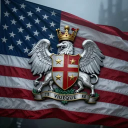 heraldic coat of arms frame, united states flag, patriotic, red white blue, gloomy and foggy atmosphere, vibrant colors, stoic, octane render, rembrandt, cgsociety, artstation trending, horror scene, highly detailed