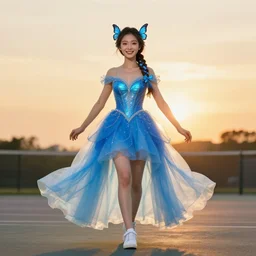 a full body portrait of a butterfly princess wearing electric - blue dress, joyfully wearing butterfly braid, fairy bride, golden hour, sunset, wearing white tennis, fairy goddess, perfect arms, ultra detailed, symmetrical face, highly detailed clothing, octane render, unreal engine, trending on artstation.