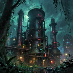 industrial architecture by noah bradley, apocalyptic rainforest magic realism dramatic lighting at night hyperrealism liberty city synthwave retro studio ghibli, archdaily, wallpaper, highly detailed, trending on artstation.