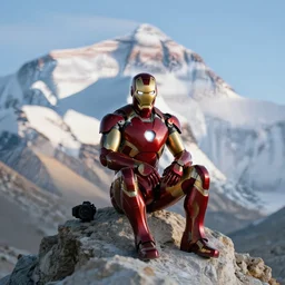 an iron man is sitting on the peak of mount everest, clear focus, bokeh effect, high res, hasselblad, dslr, cinematic