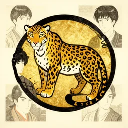 a logo a a leopard by shin hanga and kawanabe kyosai and katsuhiro otomo. ukiyo - e shohei otomo and satoshi kon, and greg rutkowski weta studio and lucasfilm, woodblock print, coherent, behance, global illumination, golden ratio, flat colors, thick black outlined,