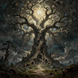 an ancient creature, by asaf hanuka, by caspar david friedrich, by zdzisław beksinski, soviet art, concept art, divine, powerful, accent lighting, on path to enlightenment, yggdrasil made of fractals