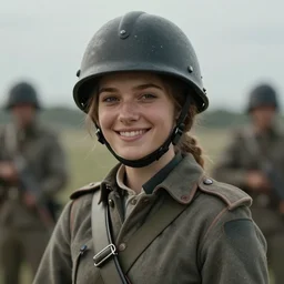 young female american civil war soldier, smiling, digital portrait by greg rutkowski, intricate, soft focus, highly detailed, cinematic, epic, artstation