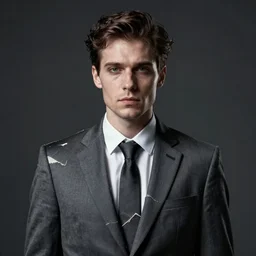 man wearing a suit made of broken dreams, portrait, realistic, dark, eerie, sharp focus