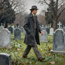 a highly detailed painting of a man walking through a cemetery