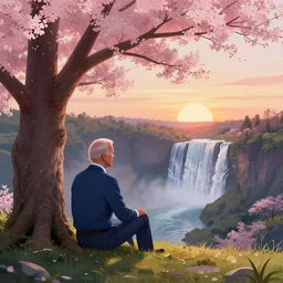 featured on artstation joe biden sitting under a cherry tree overlooking valley waterfall sunset beautiful image stylized digital art