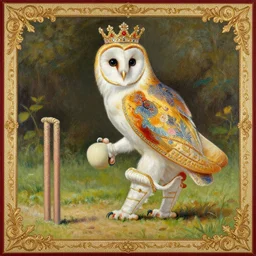 the royal king's barn owl playing cricket by greg hildebrant lisa frank fancy rococo baroque regal oil painting high quality award winning clothed in fancy garb