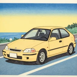 japanese woodblock print of a 1 9 8 0 honda civic,