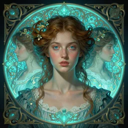 symmetry!! portrait of a woman, cottagecore!!, cyan glowing lights!! intricate, elegant, highly detailed, digital painting, artstation, concept art, smooth, sharp focus, illustration, art by artgerm and greg rutkowski and alphonse mucha