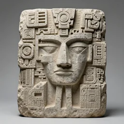 stone sculpture of a mix of abstract, sci fi, cubist, brutalist, mayan design influences