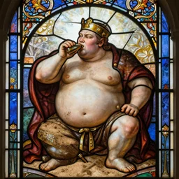 stained glass window of fat drinking guard, ancient, sand, dirt, intricate, highly detailed, digital painting, artstation, concept art, smooth, sharp focus, illustration, Unreal Engine 5, 8K, art by artgerm and greg rutkowski and alphonse mucha