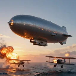 a flying airship with heavy weaponry, battle, ww 2, fire, explosions in the air, biplanes, steampunk, ocean sunrise, greg rutowski, trending on artstation