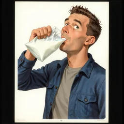 an 1 9 7 0 poster of an man drinking milk from a bag, cartoon, funny, cool, detailed,