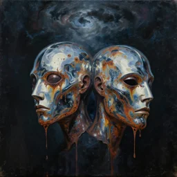 oil painting of poxed tamiscolaris heads dripping chrome & rust, with shades of atomic sky hellstorm, black light art painting, cinematic, in style of boris vallejo, wayne d barlowe