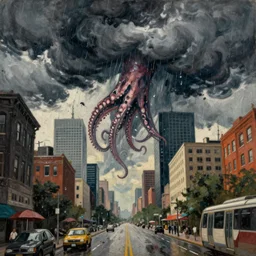 raining. dark clouds with stormy squid tentacles. very low angle. very detailed painting by lucian freud, futuristic. dreamlike. weird. horrific. something is wrong. city street at 1 9 5 0 s. low angle. old photo. atmospheric. skyscrapers. vivid colours, mysterious. epic scene. trending on trainstation. 4 k. very high detailed.