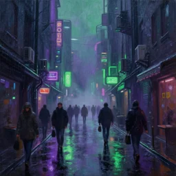a oil painting of narrow cyberpunk street in rainy night, with many people, purple and green neons, heave foggy, sci - fi, wet winter, low angle shot, water reflect, lush detail, cinematic lighting, sharp focus, hyperrealism, volumetric light, by sebastian luca on artstation. 4 k, concept art.