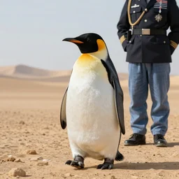 pooping Penguin in the desert, Pyjama british Air force Officer, octane render, unreal engine, 8k high definition