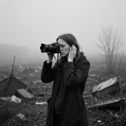 award winning photo of some despair as a blind photographer would depict it, she is 2 3, skinny and beautiful and listens to oathbreaker, she is deaf but still hears, photo, black and white, the background is devastated by pollution, insanely detailed, once she dreamt of erasing gravity, foggy like in norwegian black metal aesthetic