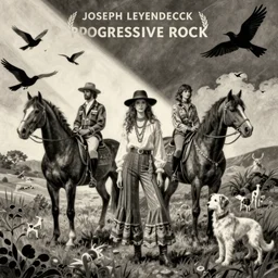 pulp art, artwork by Joseph Leyendecker and Robert McGinnis and Alfred Henry Maurer, 3d octane blender render, Hipple and boho fashion 1970s, horses, dogs, black and white birds, progressive rock album cover