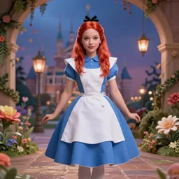 red head queen, alice in wonderland theme, disney photo realistic, full body, octane render, 8 k, unreal engine, hd, cinematic lighting