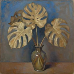 expressive, medium shot, vase with dry monstera deliciosa, blue and brown background, oil painting, impasto, muted colors, artwork by lucian freud, arnold bocklin, ossip zadnike