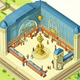 detailed details photorealistic isometric building interior, train station, fantasy, fullcolor, in the style of moebius