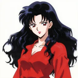 vampire girl with wavy black hair wearing red in style of studio trigger, anime, ink, cel shaded, vibrant