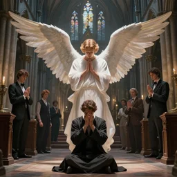 angel protecting man who is praying inside a gothic church by Stanley Artgerm Lau, WLOP, Rossdraws, James Jean, Andrei Riabovitchev, Marc Simonetti, Yoshitaka Amano, ArtStation, CGSociety, highly detaild 4K, cinematic style, studio light