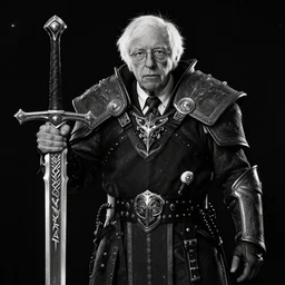 bernie sanders as a death knight from world of warcraft wielding the master sword, portrait, black and white, hyper realistic, 4 k, in space
