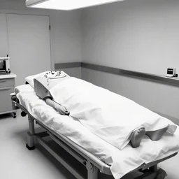 photo of an autopsy on spongebob, black and white, wide angle