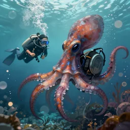 a humanoid squid discovering a diver, artstation, digital painting, background bokeh, realism, illustration, amazing art, award winning, trending