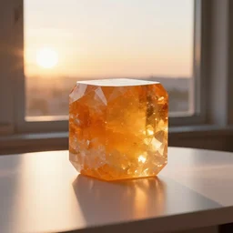 a giant cubic orange and yellow crystal on a white table near a window at sunset, hyperrealistic, highly detailed, high qualit, 8K, godrays, warm lighting, path traced, high coherence, calm, macro photo, symmetrical, photorealistic, low contrast, serene landscape, beautiful, geometric, octane render